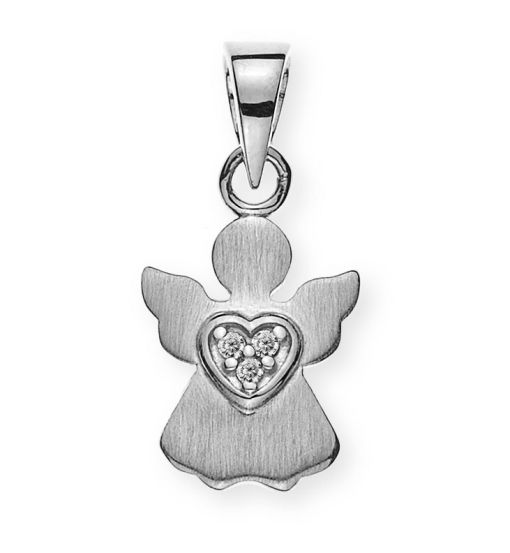 Anhänger Engel Weissgold 375 gesandelt mit Herz und 3 Zirkonia weiss  AME9002
