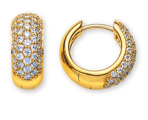 Kreolen Gelbgold 750 mit je 44 Brillanten H SI Total 0.83ct. mit Scharnier D: 13,5mm / B: 5,7mm OBR1014