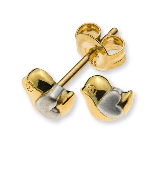 Ohrringe Vogel Gelbgold 750 poliert mit rhodiniertem, gesandeltem Herzflügel  OGO1163