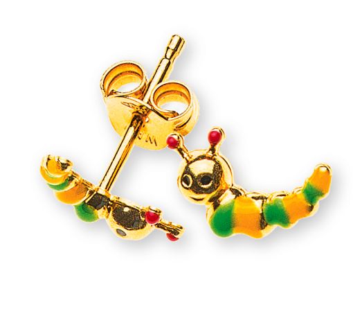 Ohrstecker Raupe Gelbgold 750 grün/gelb/rot emailliert OGO1080