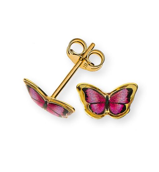 Ohrringe Gelbgold 750 Schmetterling pinkfarben Harz  OGO1121