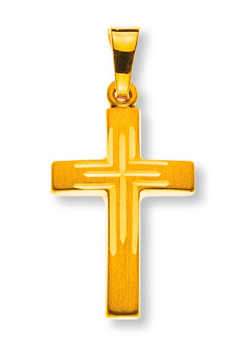 Kreuz Gelbgold 750  H: 18 mm B: 12 mm satiniert mit Kreuz-Fantasieschliff AKR1014