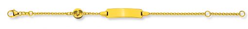 Bébé Bracelet Rundanker Gelbgold 375 14cm mit Gravurplatte rechteckig lang mit Babyfüssen 6mm BBE803514.