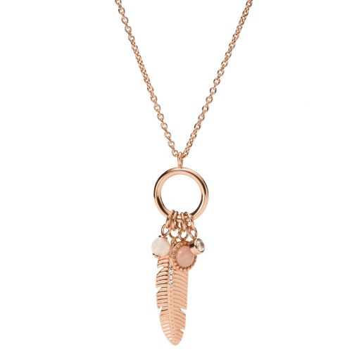 Fossil Feather Rose Quartz Rose Gold-Tone Stainless Steel Components Necklace JF03671791